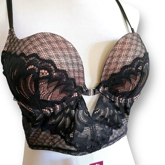 Adore Me 36B Camilla Push Up Bra Black Lace Plunge Underwire Rhinestone Longline - Picture 5 of 8